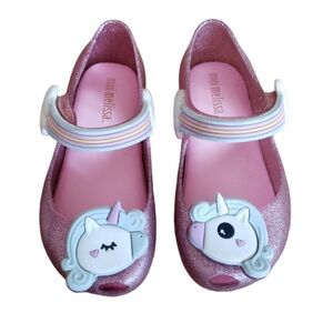 Mini Melissa Pink Glitter Unicorn Mary Jane Sandals with Rainbow Strap